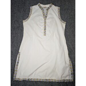 Anokhi Women's XL Tunic Tank Top Dress 100% Cotton Floral White Button Down